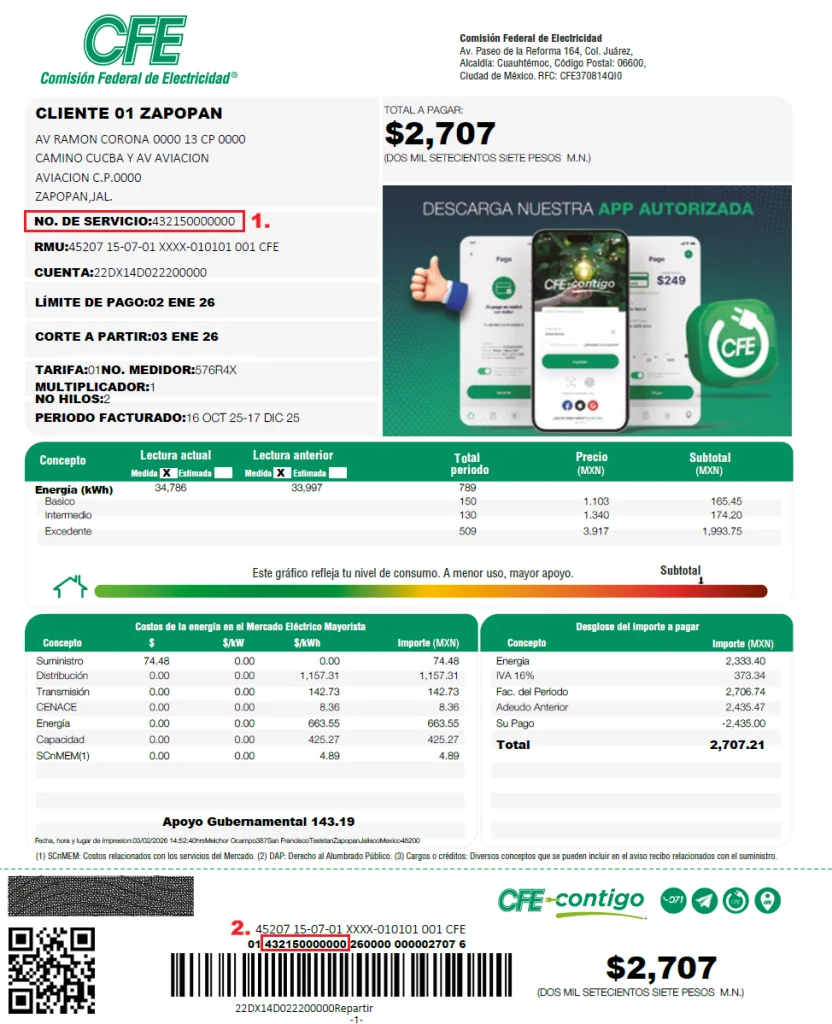 Ubicaci&oacute;n RPU en Recibo CFE